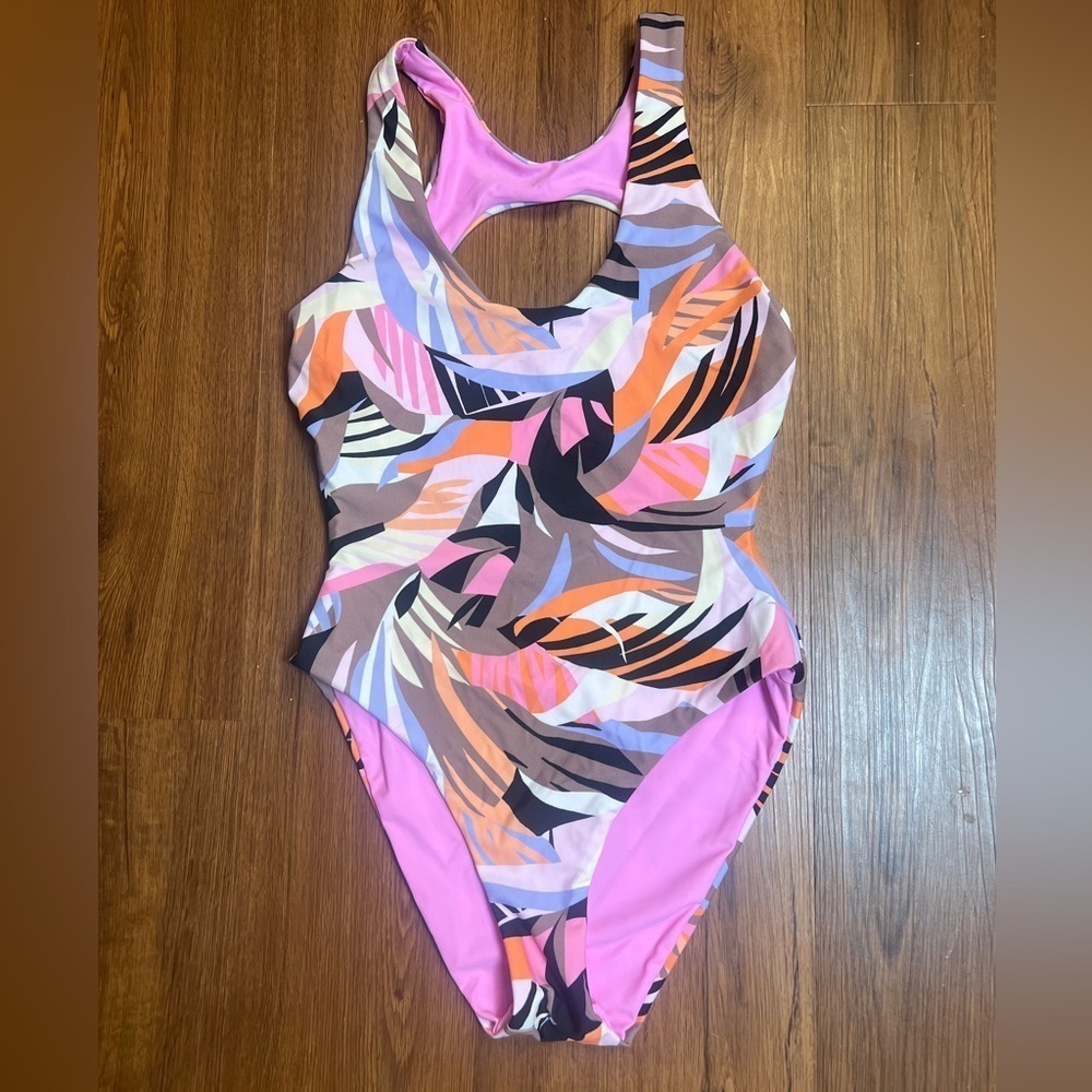 Kikirio XS Multicolor Reversible One-Piece Swimsuit Pink Abstract Racerback New